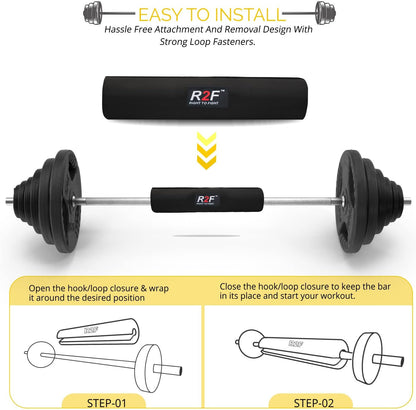 R2F Barbell Pad heavy duty cushioned foam for Weighted Olympic or Standard bar anti slip shoulder & neck support protection. Our weight lifting high-density hip thrust pad helps distribute weight evenly across the body to protect neck, back and hips during squats, lunges, and more. 