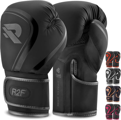 R2F Raven Noir Guantes de Boxeo Pro Sparring Cuero Vegano MMA Kickboxing 10oz, 12oz, 14oz, 16oz