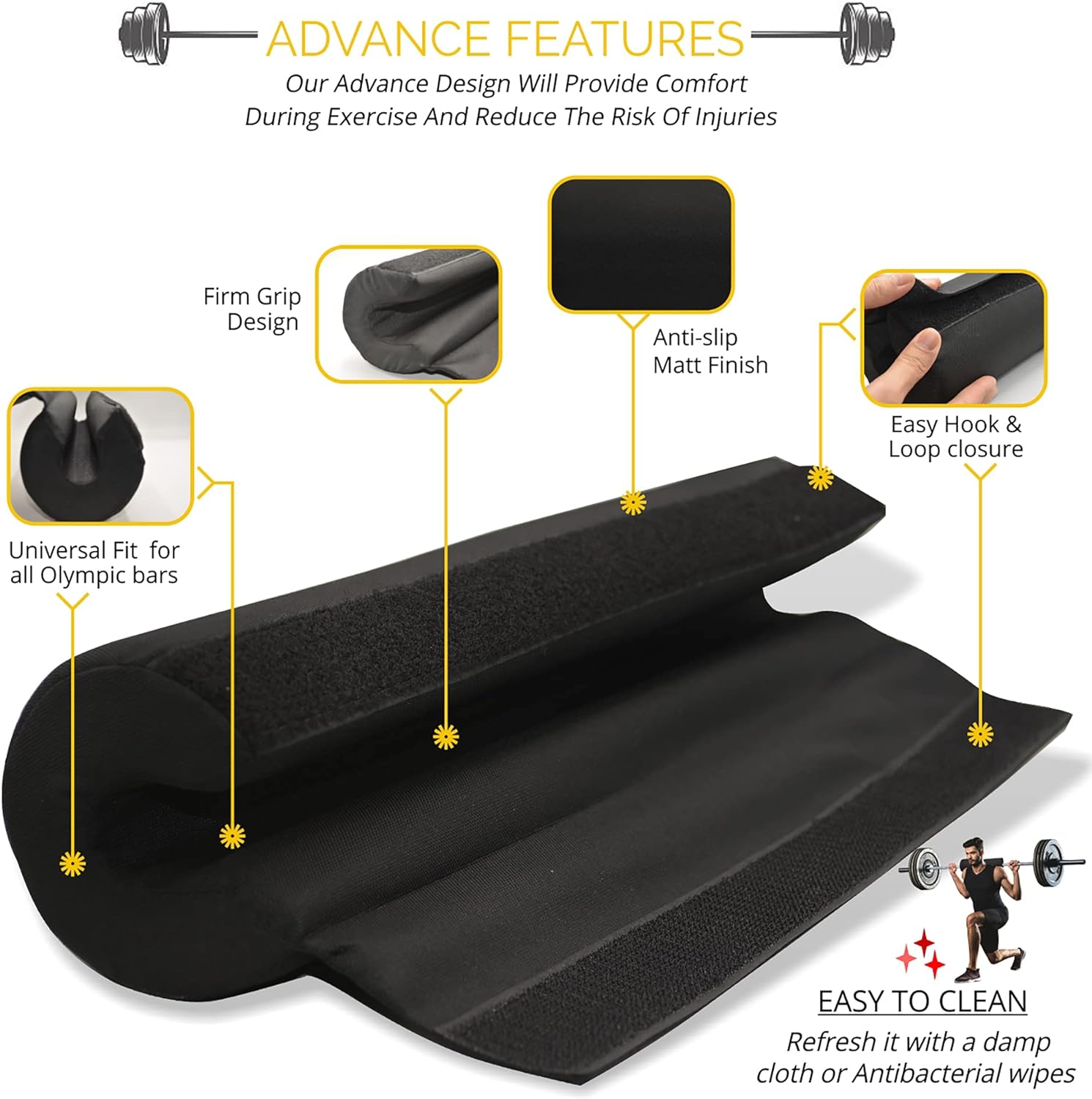 R2F Barbell Pad heavy duty cushioned foam for Weighted Olympic or Standard bar anti slip shoulder & neck support protection. Our weight lifting high-density hip thrust pad helps distribute weight evenly across the body to protect neck, back and hips during squats, lunges, and more. 