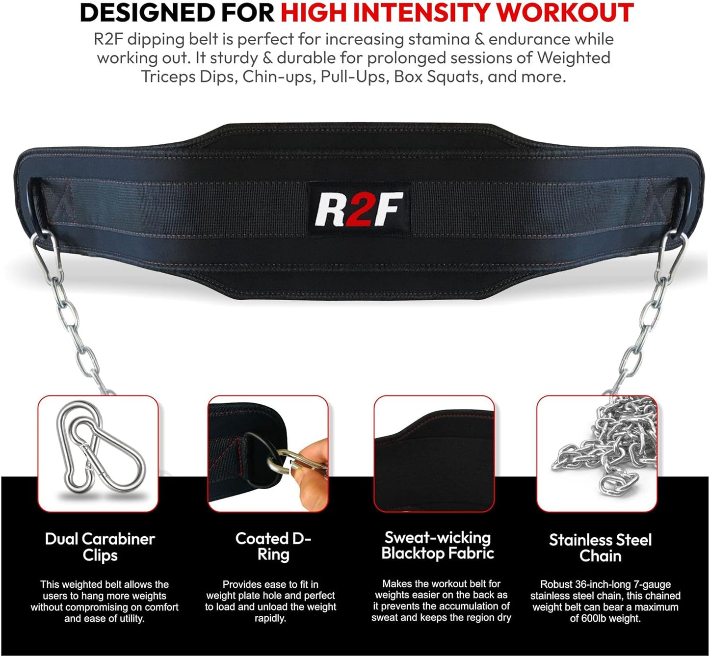 Achieve your fitness goals with the Weight Lifting Dip Belt from R2F Sports. This versatile gym training accessory is perfect for pull-ups, bodybuilding workouts, and more. Designed for durability and comfort, it offers excellent support and stability during your weightlifting sessions.