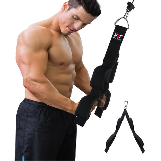 The R2F TRICEP STRAP PULL DOWN CABLE ATTACHMENT is designed to combine the benefits of both cable and pulley exercises. They are primarily used to build triceps, bicep and lat muscles.