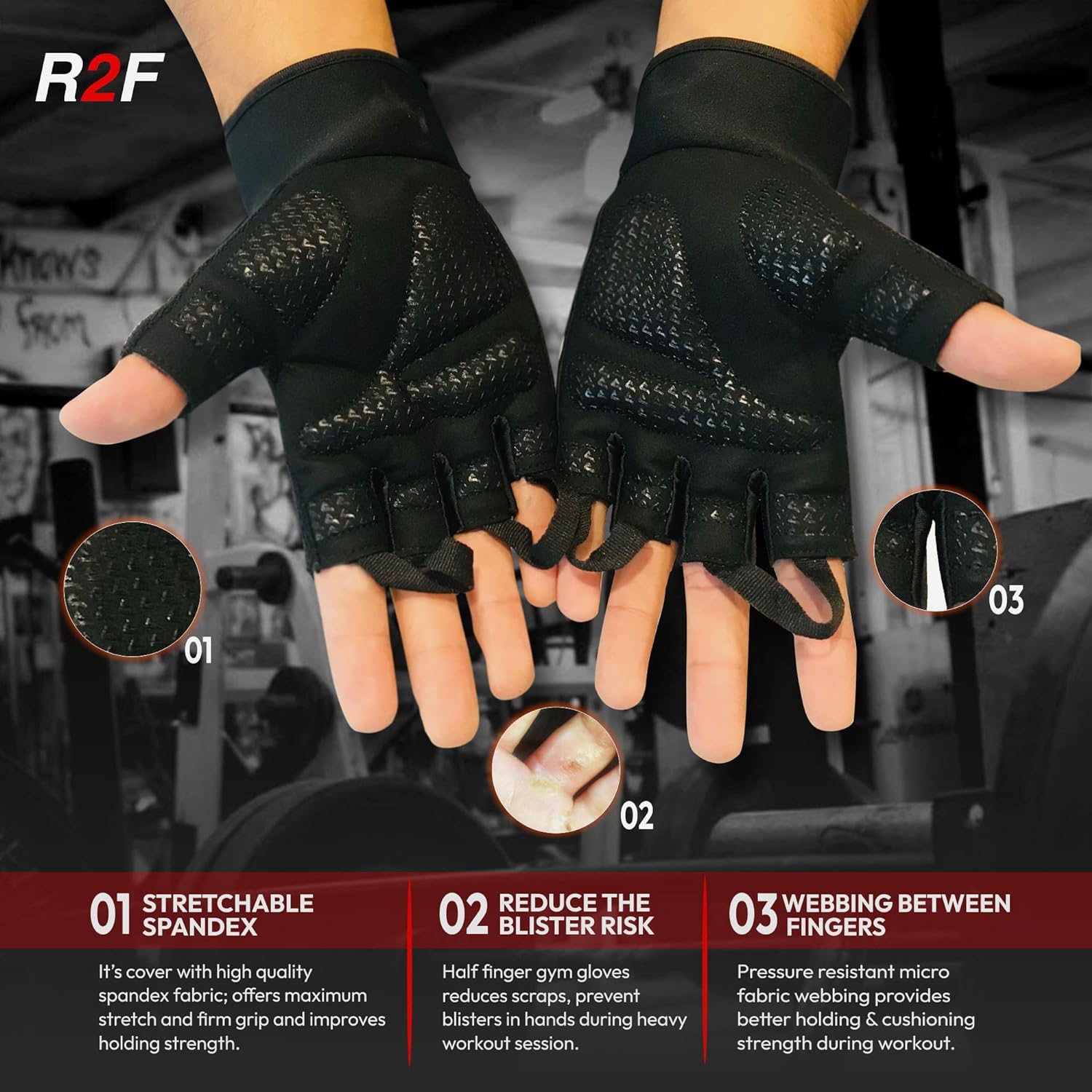 Shop high-quality weight lifting gloves and gym gloves for your workout at R2F Sports. Our gloves provide superior grip, wrist support, and comfort, allowing you to maximize your performance and protect your hands during intense training sessions. Experience the difference with R2F Sports today.