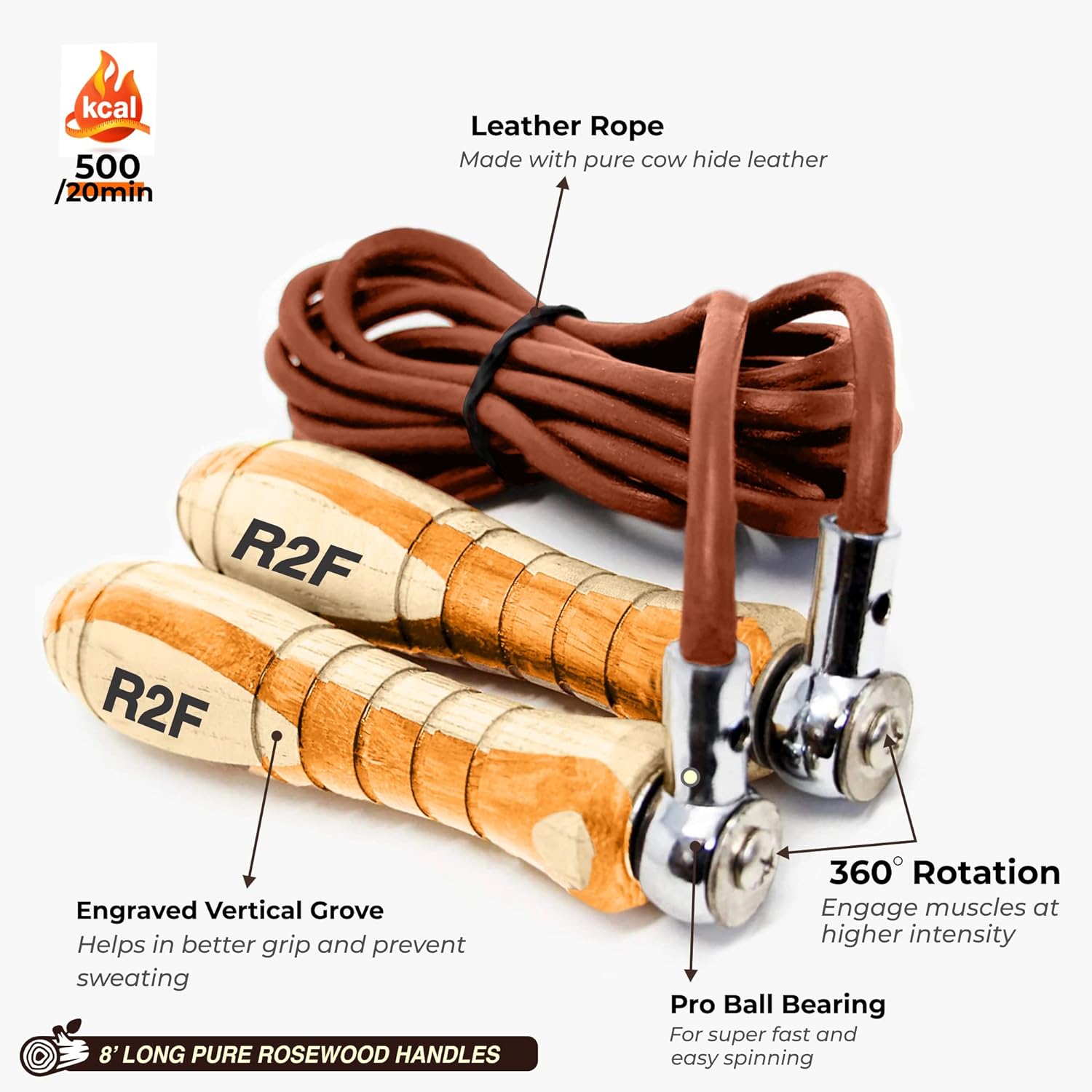 R2F Leather Skipping Rope is made of the finest leather that's stronger and more durable than cotton. At 9.3 feet in length, it provides a smooth, continuous motion when skipping and is perfect for improving coordination.