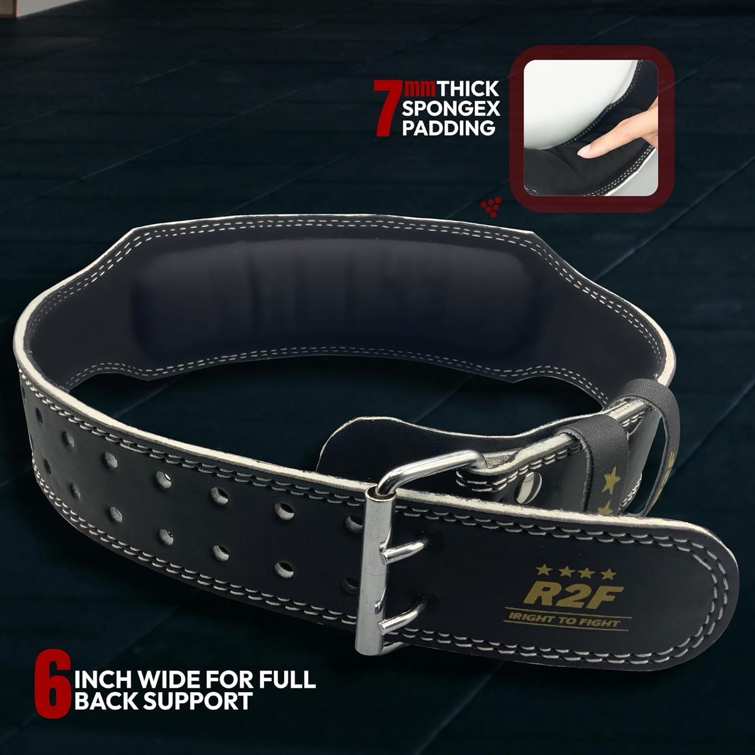 The R2F Sports Weight Lifting Belt is a high-quality leather belt designed for maximum support and comfort. With its 4-inch padded width, it provides excellent lumbar support during heavy lifting sessions. Shop now and take your weightlifting workouts to the next level with R2F Sports.
