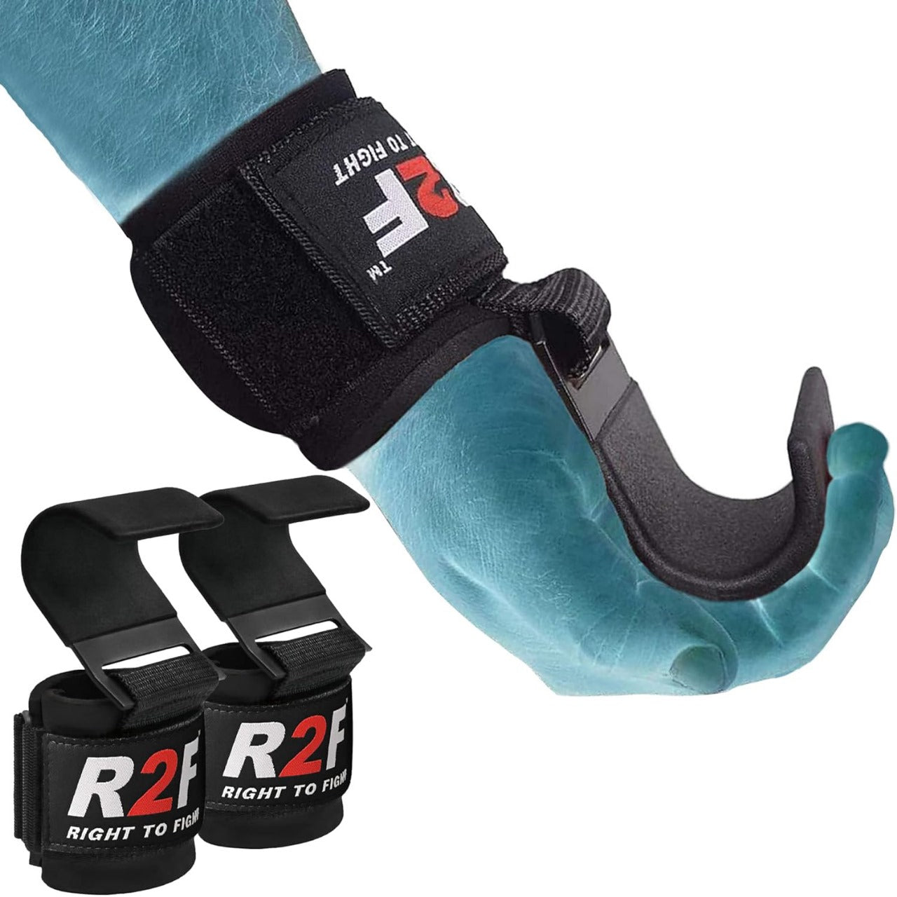 R2F Weight Lifting Hooks, Non-Slip Rubber Coated Grips, 8mm Neoprene Wrist Support Padding, Powerlifting Barbell Rows Deadlifts Chin Pull Up Fitness Strength Training Straps, Gym Bodybuilding Workout.