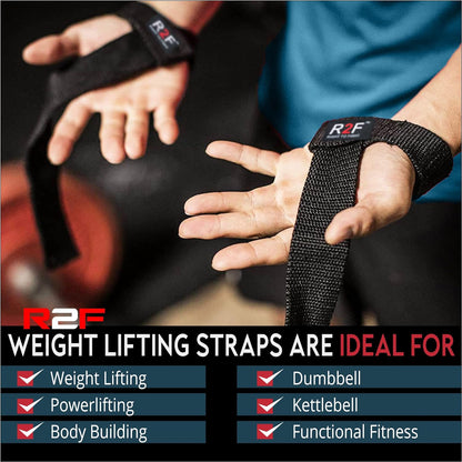 R2F Lifting Straps - Wrist Supports for Gym 5MM Neoprene Padded, Anti Slip 60CM Weight Lifting Straps Bar Grips Gym Straps Workout, Bodybuilding, Soft Cotton, Fitness Strength Training.