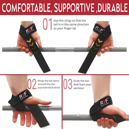 R2F Lifting Straps - Wrist Supports for Gym 5MM Neoprene Padded, Anti Slip 60CM Weight Lifting Straps Bar Grips Gym Straps Workout, Bodybuilding, Soft Cotton, Fitness Strength Training.