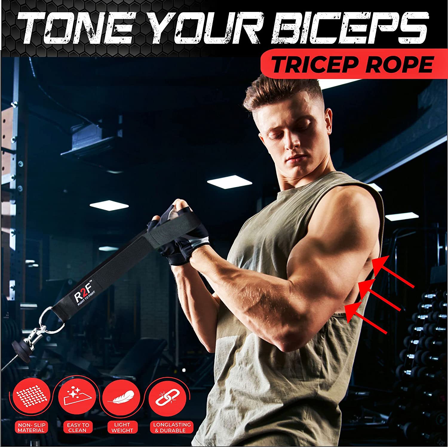 R2F Tricep Rope Fix Grip Push Pull Down Machine Attachment Cable Nylon - Heavy Duty Tricep Rope Cable Attachment For Fitness with Non-Slip Hand Grips Training Multi Gym Fitness Workout, Bicep, Tricep.